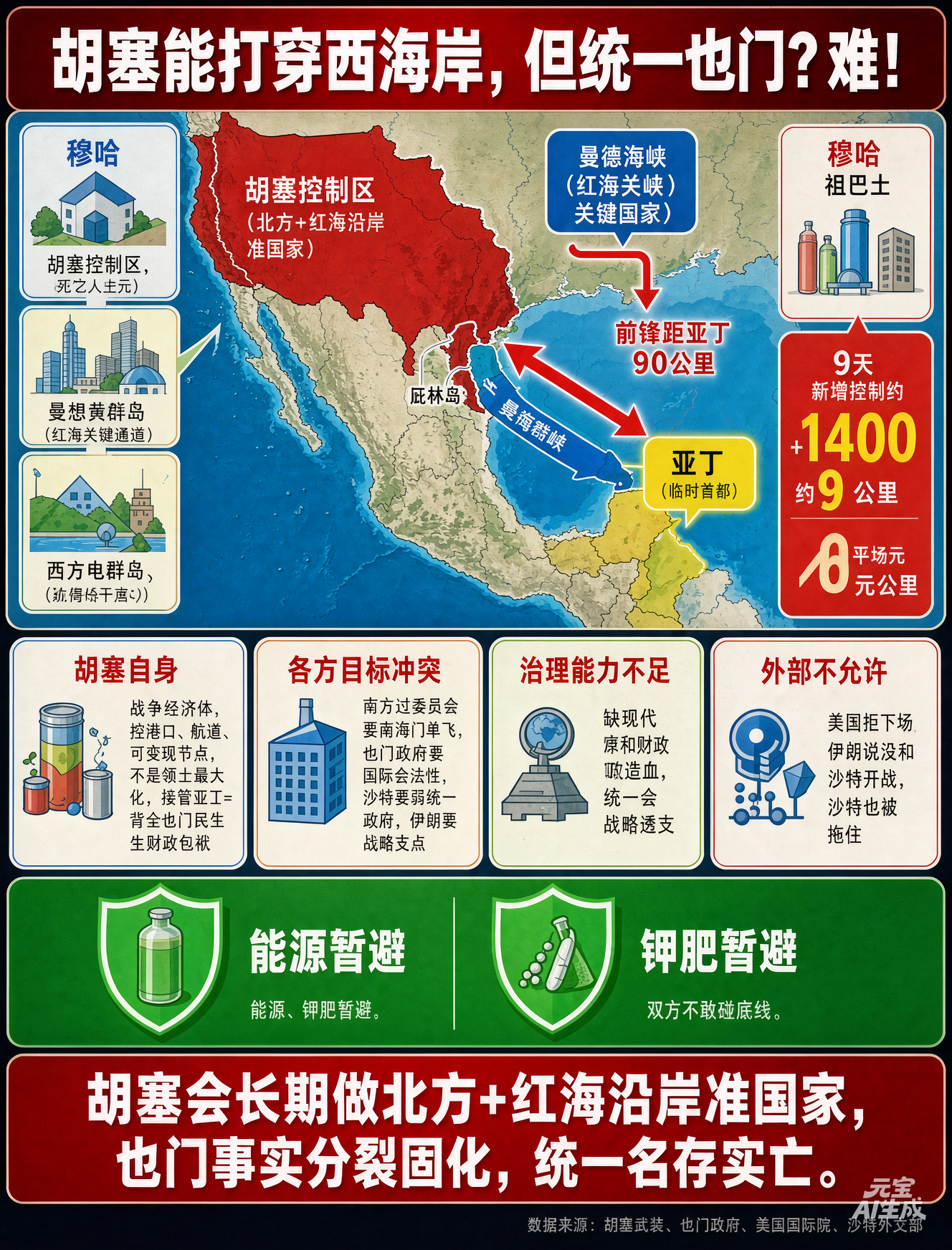 胡塞武装能“打穿西海岸”，但很难“统一也门”。

9月这波攻势很猛：9天新增控制约5400平方公里，拿下穆哈、祖巴卜、哈尼什群岛、丕林岛，掐住曼德海峡，前锋距临时首都亚丁仅约90公里。 政府军溃退、美国拒派兵直接介入，胡塞确实越打越强。

但“统一全境”是另一回事：
- 胡塞本质是“战争经济体”，逻