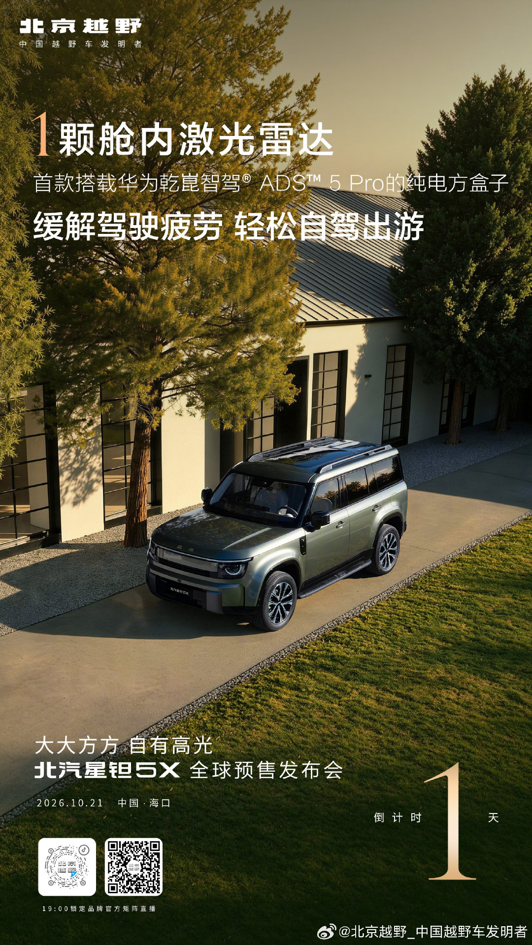 1 颗舱内激光雷达
首款搭载华为乾崑智驾️ ADS️ 5 Pro的纯电方盒子 即将预售
#北汽星钽5X# 全球预售发布会
倒计时1️⃣天
#大大方方自有高光# #北京越野# ​