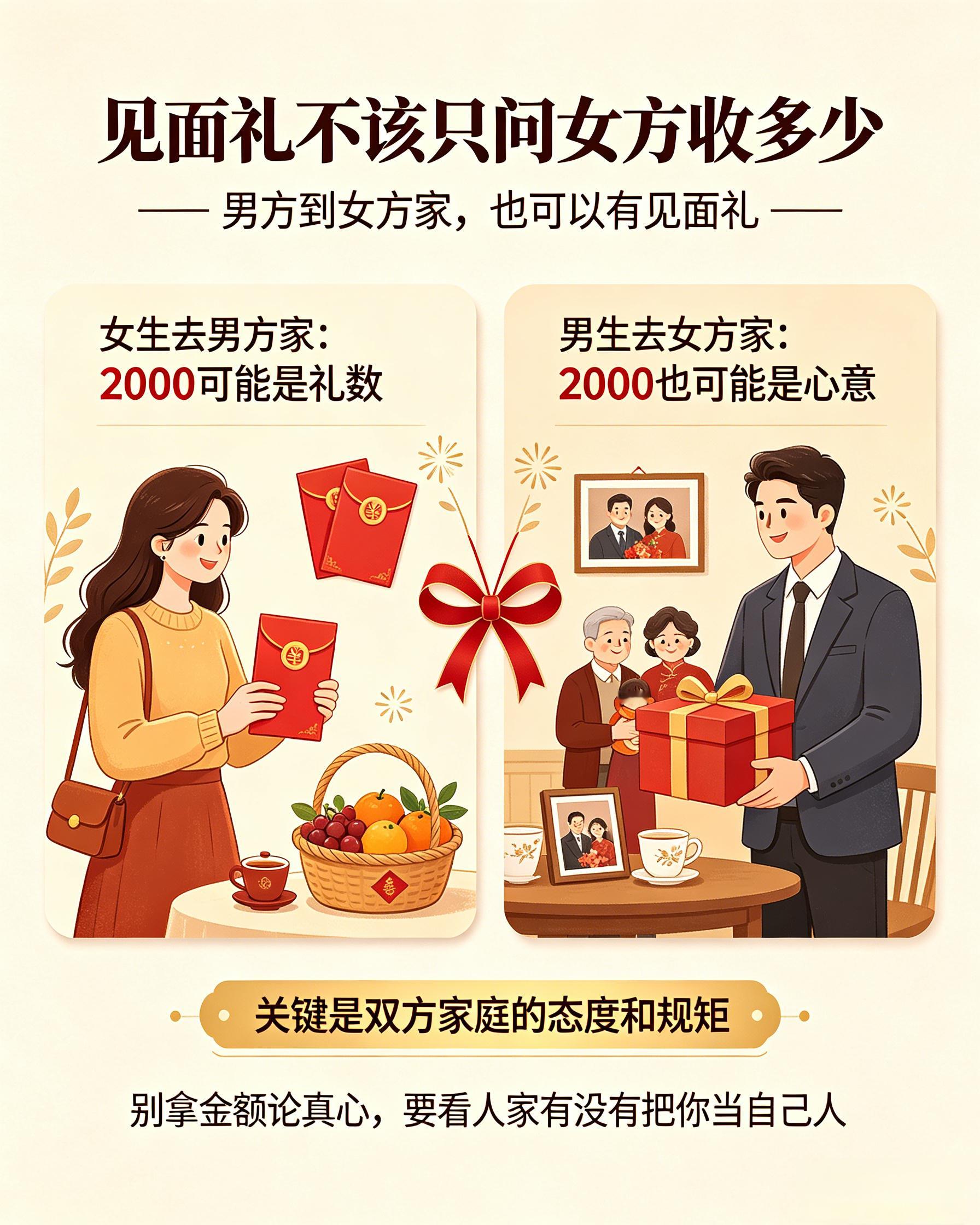 见家长给2000红包算重视吗第一次见家长 现在一提到见家长红包，总有人像在批改试卷：给多了就是重视，给少了就是不重视，好像红包厚度等于真心程度。我倒是觉得，这事真不能只看数字。2000块，对不同家庭的意义本来就不一样。工薪家庭拿出来，可能是提前准备好的礼数；经商家庭拿出来，可能只是一个普通见面礼；条件更好的家庭，也未必会把金额当回事。所以同样是2000块，背后的分量其实没法一刀切。比起“给了多少”，我更在意“有没有认真”。比如有没有提前问过你的喜好和禁忌，有没有好好招待，父母说话是不是真诚，有没有把你当客人但又不生分。这些细节，往往比一个红包更能说明问题。而且我还觉得，见面礼不该只盯着女生收多少。男方第一次去女方家，女方父母也一样可以给见面礼。不是说必须给，也不是说给了就一定怎么样，而是别默认“只有女生能收红包”。礼数是双向的，心意也是双向的。总之，别拿2000块去定义全部重视。钱是心意的一部分，但不是标准答案。真正的重视，是对方家庭愿意认真对待你，而不是只靠红包撑场面。见家长红包...