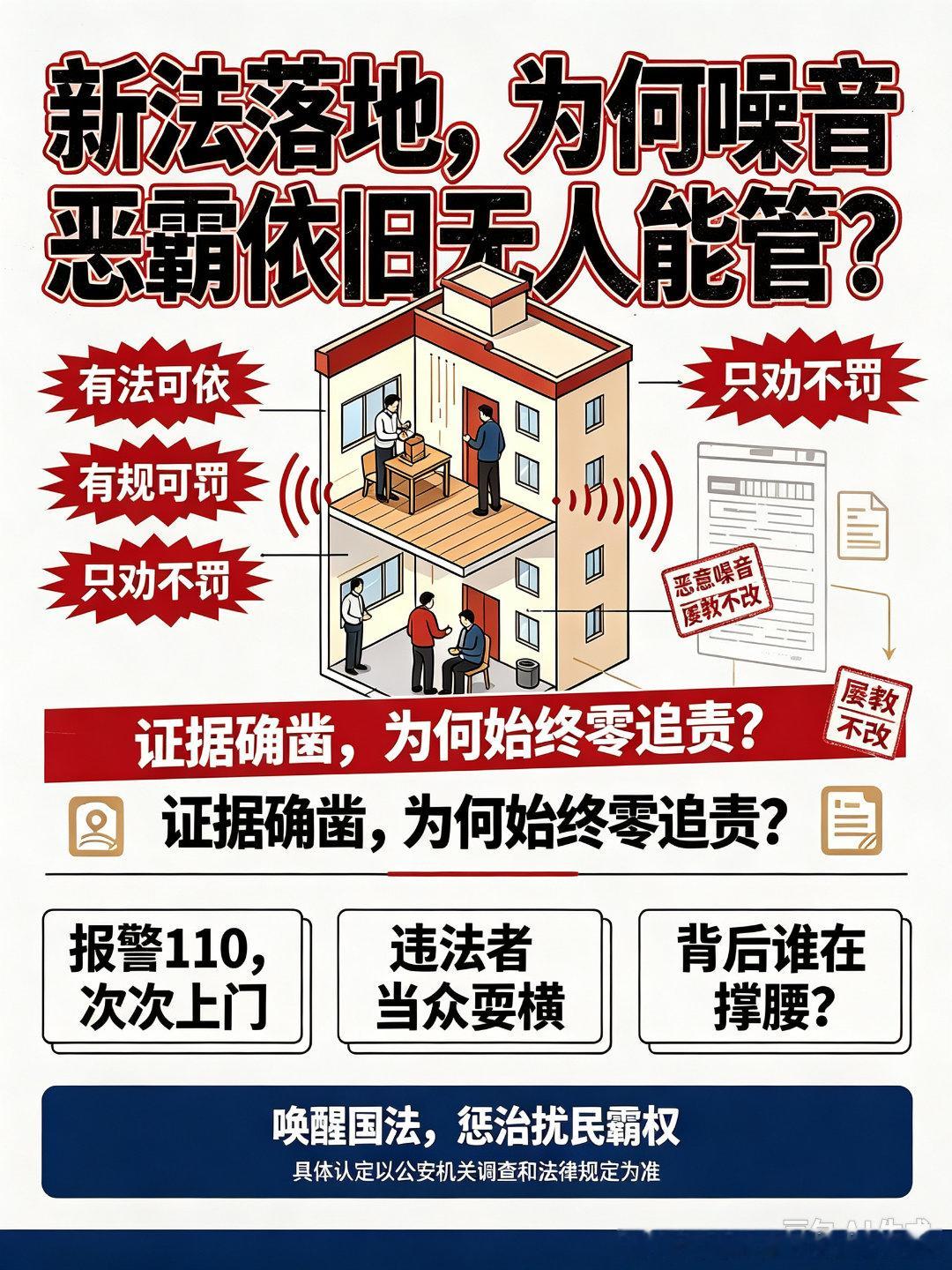 双法明文定责！长期噪音霸权扰民，岂能执法推诿、归为普通民事纠纷？

当前城市居民区楼上长期恶意噪音霸权扰民乱象久治不愈，核心根源，从来不是法律空白、界定模糊，而是基层执法选择性履职、边界推诿、执法标准悬浮，让明确的国法沦为可随意变通的摆设！
 
很多基层派出所、110执勤民警固化片面认知 ​
