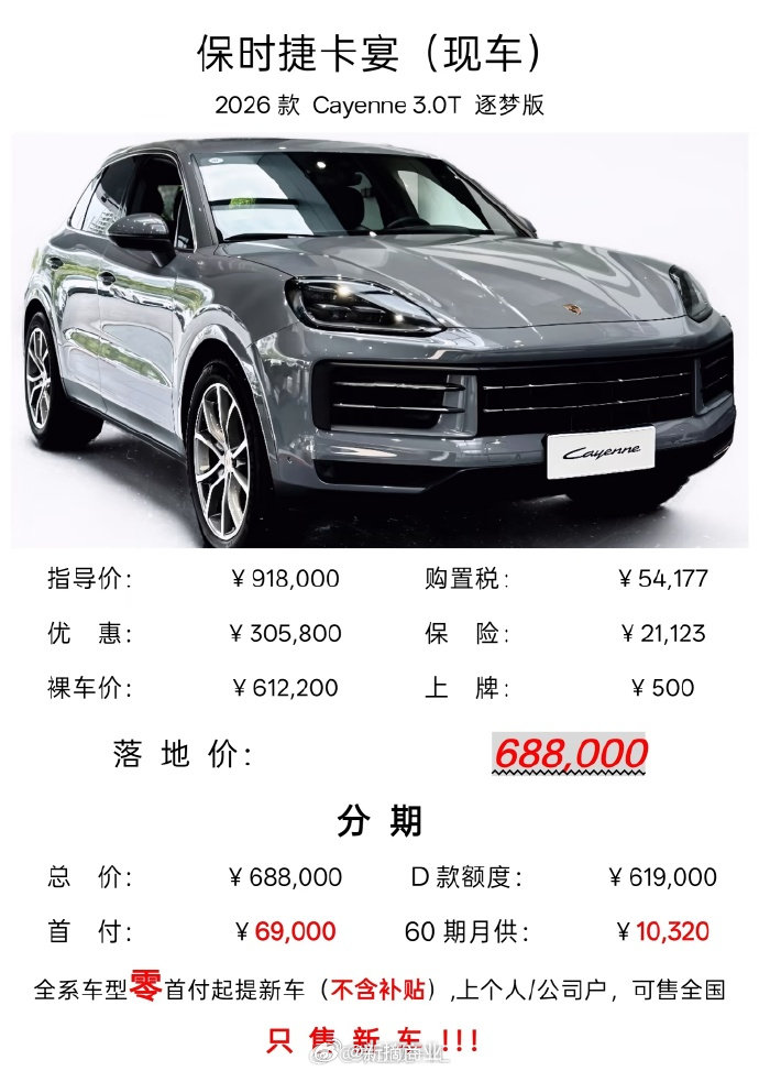 逐梦版这种 3.0T 入门车，就是来以价换量走量的。
打 6.7 折的保时捷还得 61 万、落地 68 万，普通人还是买不起

#卡宴降30万还得61万##保时捷##卡宴# ​