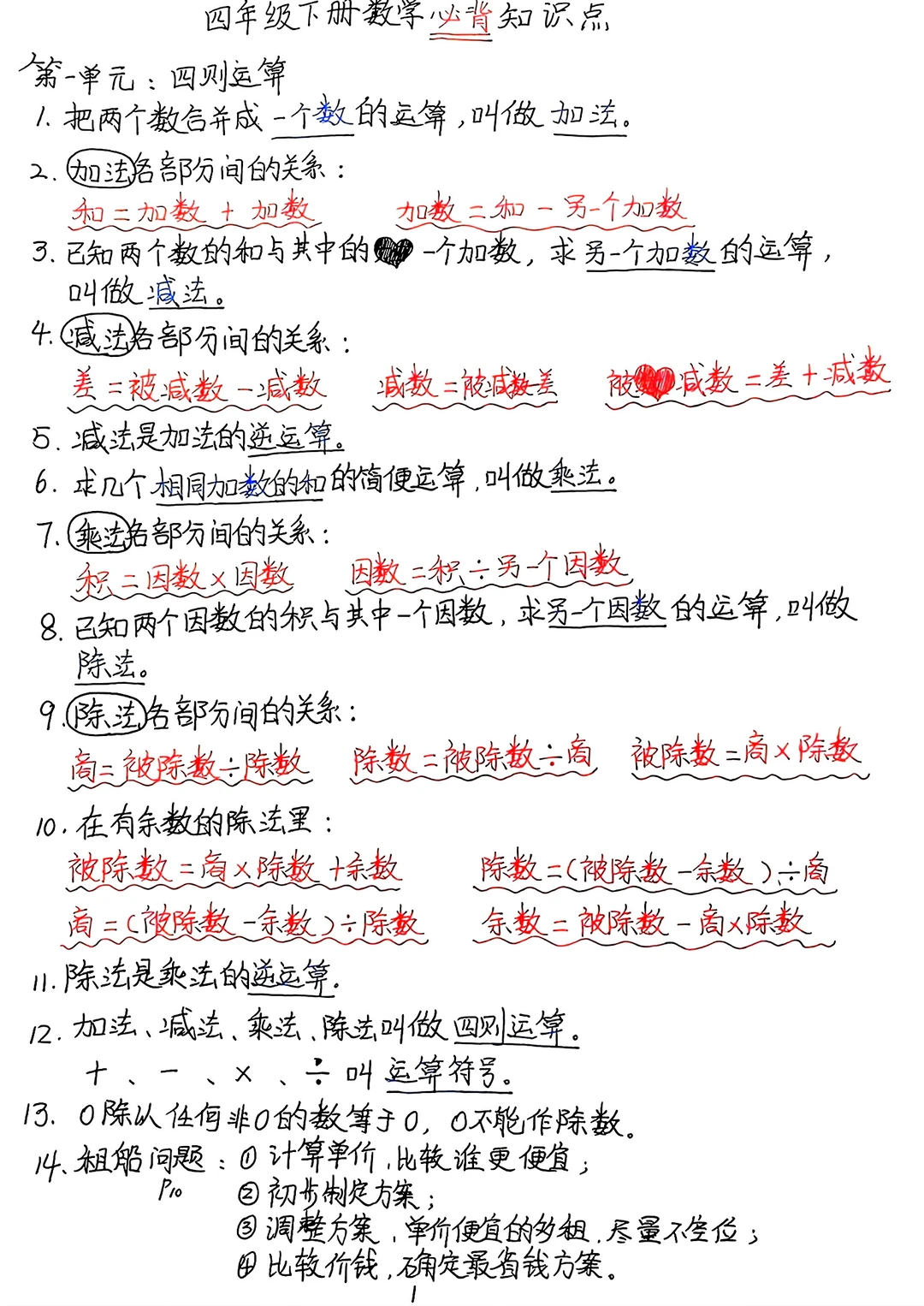 四年级下册数学必背知识点