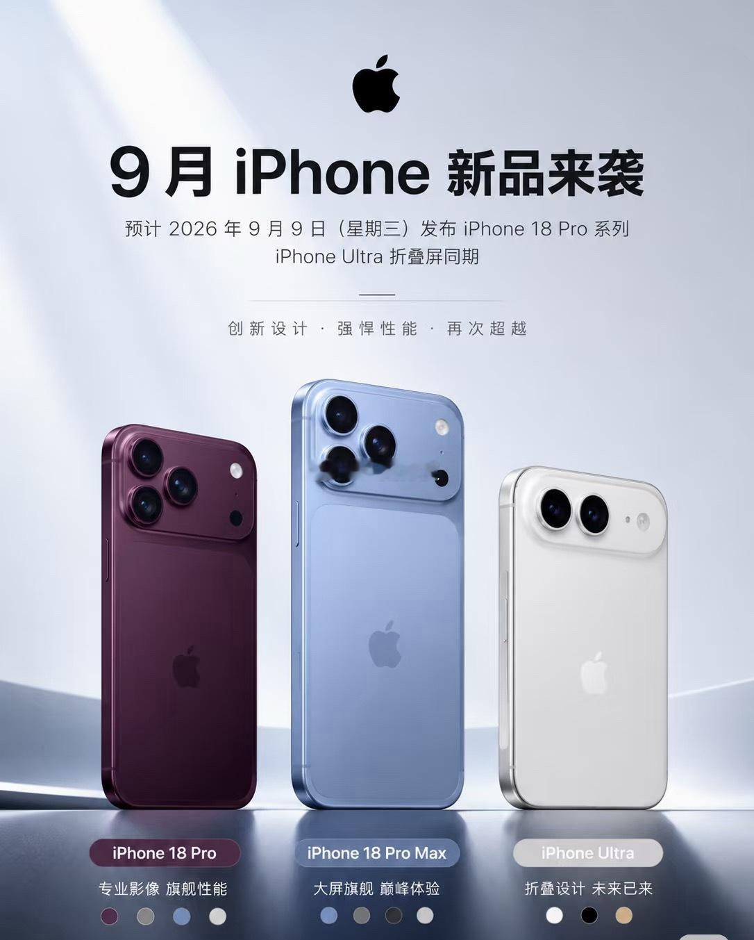 据最新爆料，iPhone 18 Pro系列有望在9月9日登场，核心搭载基于2nm工艺的A20 Pro芯片，正面灵动岛面积进一步缩减，屏幕采用LTPO+技术。影像方面，主摄升级为4800万像素并支持物理可变光圈，侧边的相机控制键也做了简化。新机还将配备自研N2协处理器和C2基带，电池容量较前代有所增加。配色上，新增深樱 ​